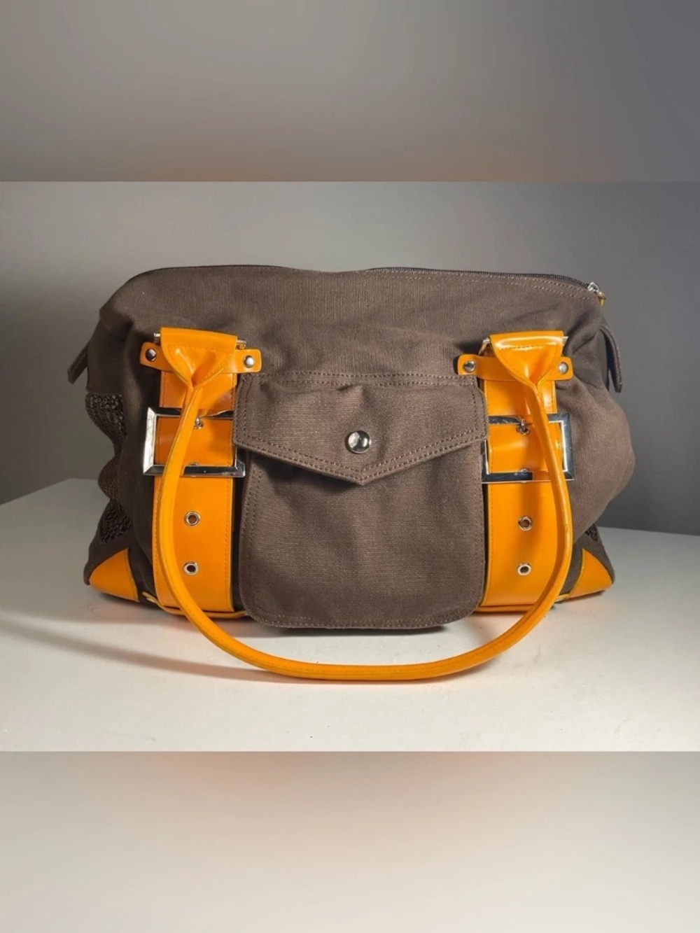 henri bendel Brown Canvas Pet Carrier with Bright Orange Patent Trim